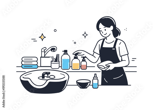 Stylish Shampoo Station. Salon shampoo station. A stylist preparing a washing station with bottles and tools neatly arranged, showing readiness and