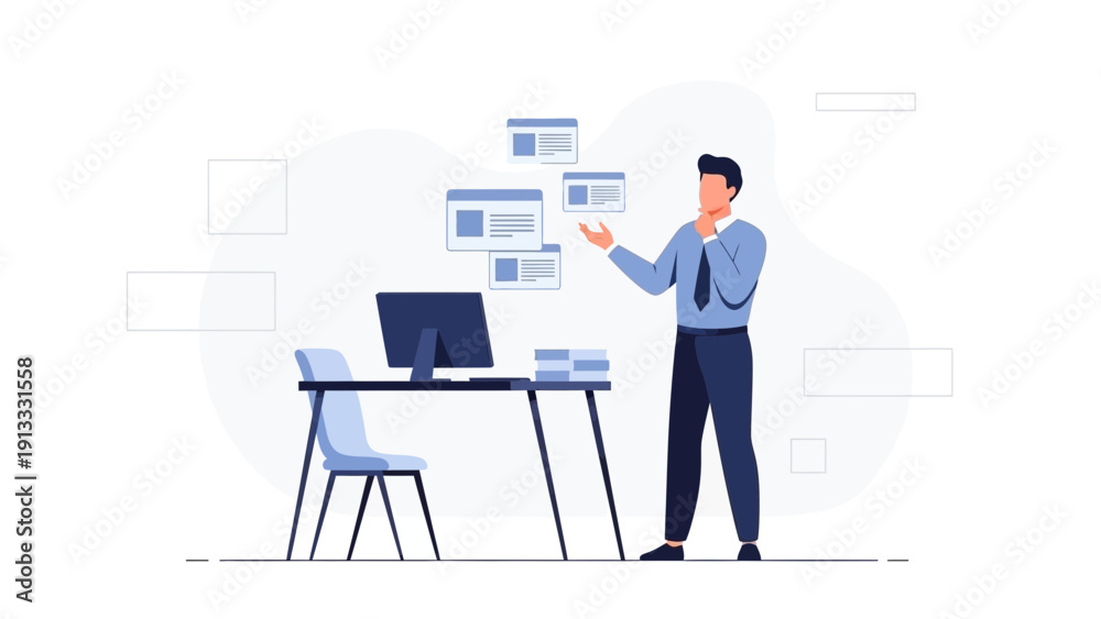 Fototapeta premium Businessman contemplating business strategy and planning with floating digital interfaces