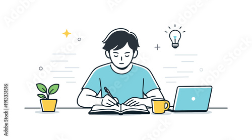 Focus and concentration. A person sitting quietly at a desk, fully absorbed in work, with subtle motion lines fading out around them. The