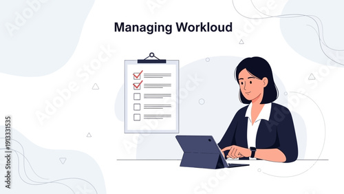 Businesswoman managing workload with checklist and tablet, modern office illustration