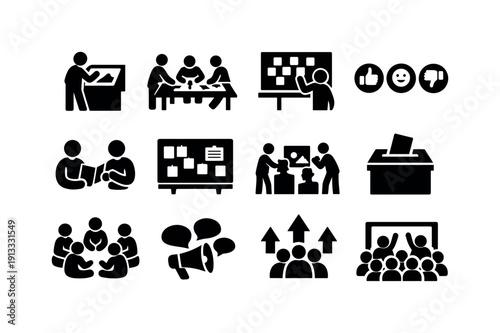 Participatory Museum. Solid icon set of Participatory Museum: visitor interaction, co creation table, feedback wall, voting buttons, shared