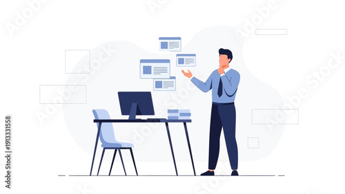 Businessman contemplating business strategy and planning with floating digital interfaces