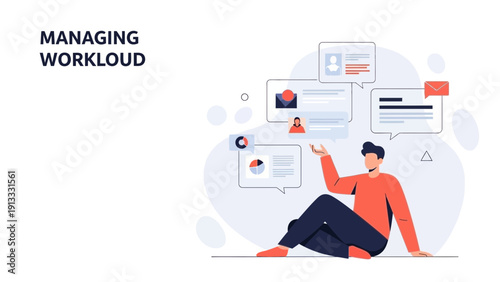 Man managing workload with digital interfaces and data