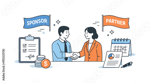 Sponsorship agreement. A handshake between partners with branded banners and simple contract elements nearby. Clean composition conveys