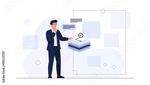 Businessman thinking about data analysis and strategy planning with digital interface