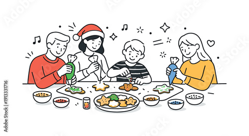 Festive Cookie Decorating. Decorating cookies for a holiday party. People icing cookies at a table with sprinkles and piping bags, warm and cheerful