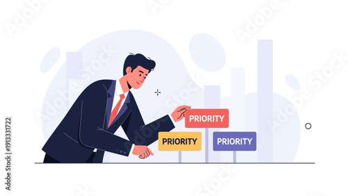 Businessman arranging priority steps on a bar chart, concept of planning and strategy