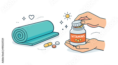 Yoga mat and vitamins. Close-up of hands holding a vitamin bottle next to a folded yoga mat. Simple wellness details emphasizing preparation