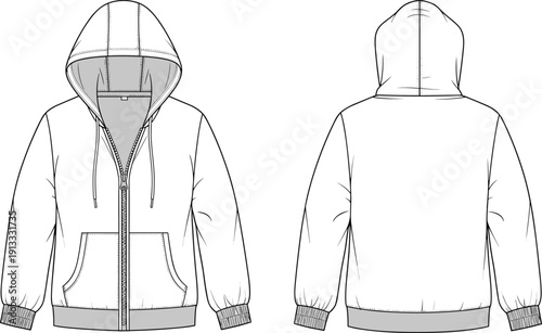 Front and back view of a women's oversized pullover hoodie with kangaroo pocket technical fashion flat sketch, CAD drawing, vector illustration.