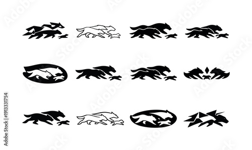 Hunting in packs. Icon set. Set Logo of hunting in packs: pack animals in pursuit formation. harmonious logo variations of the same