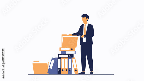 Businessman Organizing Paperwork and Files in Office