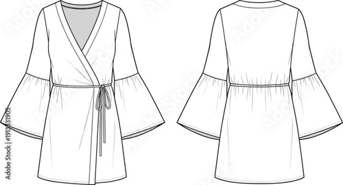 Front and back view of a women's wrap dress with bell sleeves technical fashion flat sketch, CAD drawing, white vector illustration.