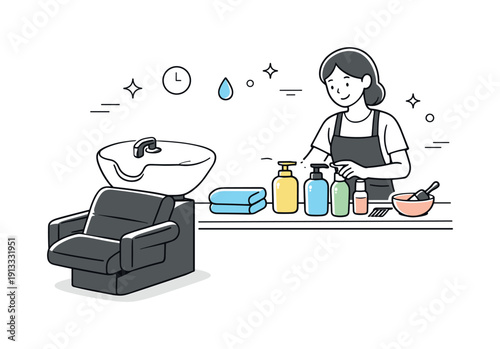 Stylish Shampoo Station. Salon shampoo station. A stylist preparing a washing station with bottles and tools neatly arranged, showing readiness and