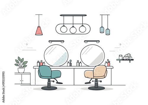 Modern Salon Elegance. Salon light fixtures. Modern beauty salon interior with elegant ceiling lights illuminating mirrors and chairs. Calm, professional