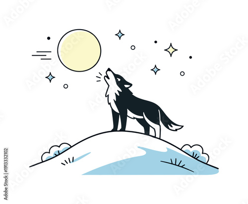 Lone wolf under the full moon. A calm editorial night scene of a single wolf standing on a snow-covered hill, howling softly toward a bright