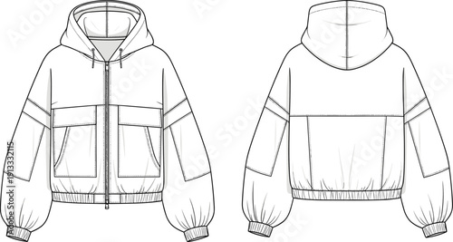 Streetwear and Activewear Technical Fashion Sketch Collection, Oversized Hoodie, Zip Up Jacket, Denim Jeans, and Crop Top CAD Drawing Flat Vector Illustration