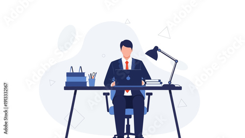 Businessman working at desk with laptop and lamp, office workspace illustration