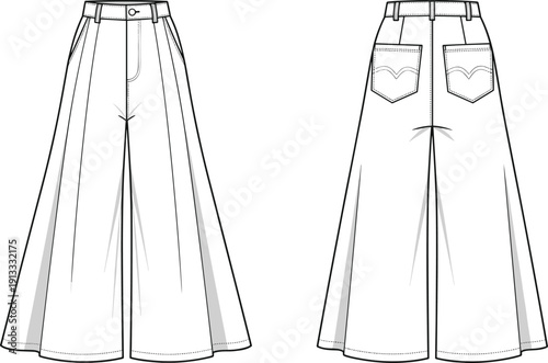 Women's High Waisted Wide Leg Denim Jeans Technical Flat Fashion Sketch Vector Illustration, Flared Trousers Design CAD Drawing Flat Vector Illustration