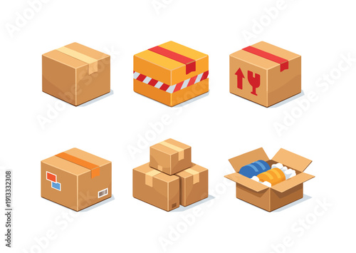 Isometric Delivery Boxes. Delivery boxes. Isometric flat vector icons set of delivery boxes: cardboard shipping box, sealed parcel box, fragile package box,