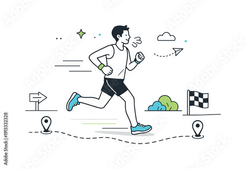 Race training run. A runner moving steadily along a marked route, focused on pacing and breathing. Motion lines and minimal road elements