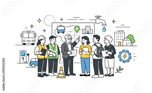 Municipal services improvement. City workers and residents reviewing public service plans together, standing near simple icons of transport,