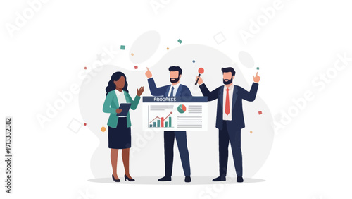 Diverse team celebrates business success with growth chart and confetti