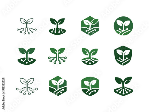 Startups in agriculture technology. Icon set. Set Logo of Startups in agriculture technology: smart farming sprout. harmonious logo