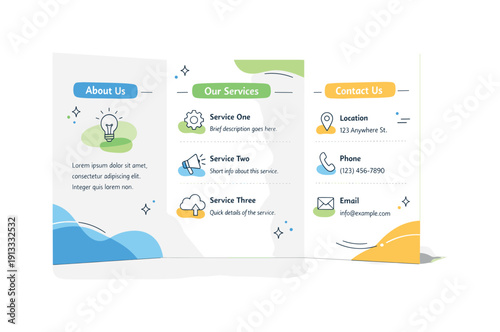 Tri-fold brochure presentation. Open tri-fold brochure standing upright, clean sections with icons and short text blocks, abstract shapes
