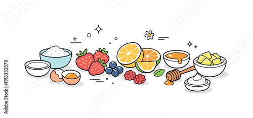 Spring dessert basics. Minimal composition with berries, citrus and small bowls of ingredients, suggesting light sweets and seasonal joy.