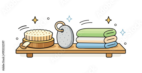 Wooden Spa Essentials. Spa shelf with wooden tools. A simple shelf with wooden bath accessories like a massage brush, pumice stone, and folded