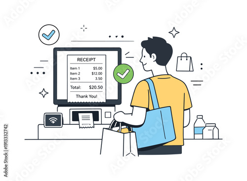 Cashierless shopping concept. A person completing a purchase at a self-checkout machine, receipt appearing on the screen. Modern, stress-free