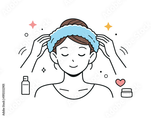 Cosmetic headband for hair styling. A person gently puts on a soft cosmetic headband before skincare or makeup, preparing hair away from the
