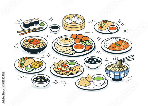 Ethnic dishes. A table with diverse traditional meals from different cultures, small plates arranged neatly, calm global food mood. Friendly