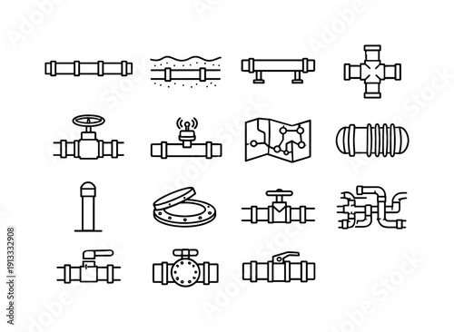 Pipeline system. Line icon set of Pipeline system: long pipeline, underground pipe, above ground pipe, pipeline junction, flow control valve,
