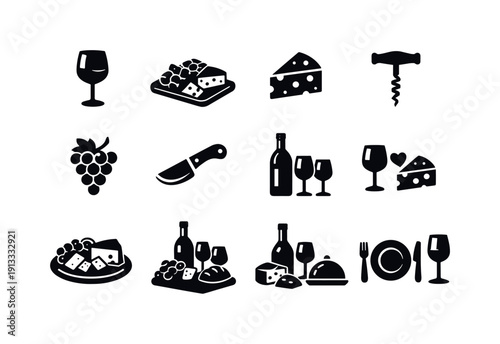 wine and cheese. Solid icon set of wine and cheese: wine glass, cheese board, cheese wedge, corkscrew, grape cluster, cheese knife, tasting