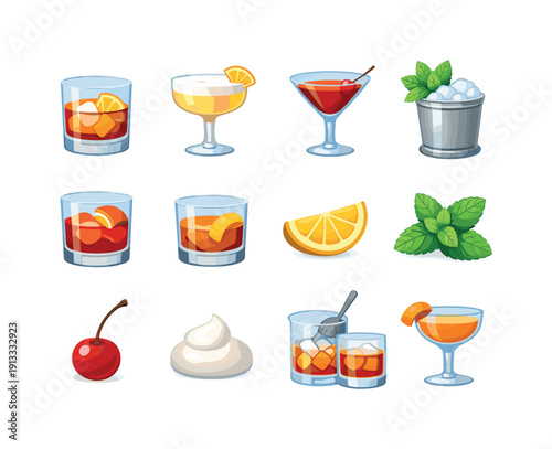 Classic whiskey cocktails. Colorful flat vector icons set of classic whiskey cocktails: old fashioned glass, whiskey sour glass, manhattan