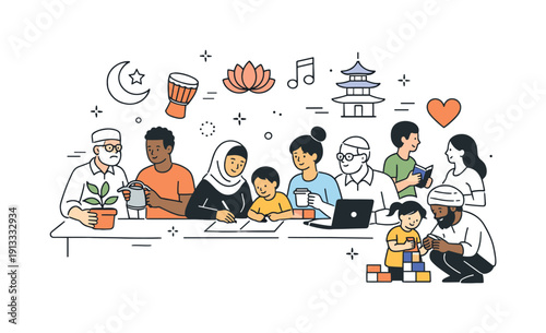 Multicultural community. People gathered in a shared space, calm cooperation and everyday interaction. Simple cultural motifs float gently to