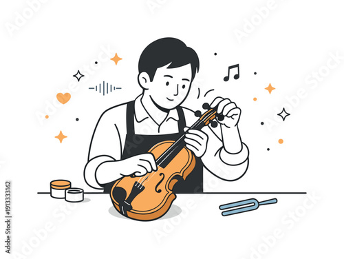 Fine tuning a violin. A luthier adjusting strings and pegs on a nearly finished violin, listening closely to sound and balance. The