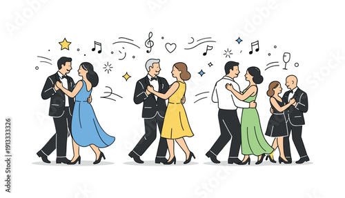 Formal event dancing. People in elegant outfits sharing a coordinated dance, calm rhythm and social connection. Abstract patterns suggest