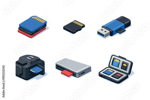Isometric Memory Storage Icons. Memory storage. Isometric flat vector icons set of memory storage: SD card stack, microSD card, USB card reader, camera SD
