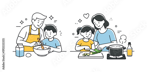 Home cooking with kids. Adults guiding children while cooking a homemade meal, friendly learning moment with shared focus and lighthearted