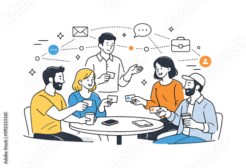 Freelance networking connections. Freelancers exchanging contact cards and chatting around a small table, relaxed smiles and calm