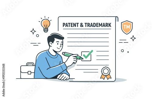 Protecting business ideas. A person placing a checkmark on a patent or trademark document, calm and confident action. Editorial metaphor for