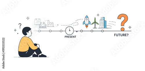 Rapid change anxiety. A calm person watching a timeline where older milestones fade and new ones appear ahead, expressing uncertainty about