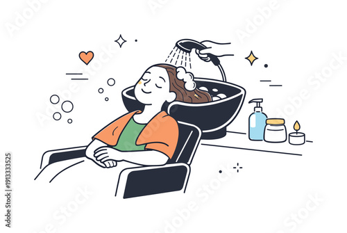 Beauty care routine. A client seated at a salon washing station while water gently flows, expressing relaxation, trust, and self-care time.