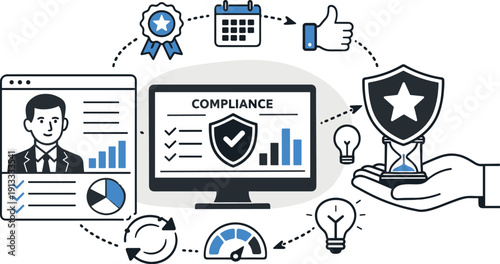 Corporate Compliance Concept. Modern minimal flat vector conceptual collage, crisp hard edges, consistent THIN outline stroke,