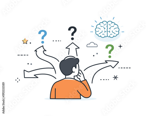 Decision-making under uncertainty. A thoughtful character facing multiple abstract paths with question marks, while a brain icon softly glows