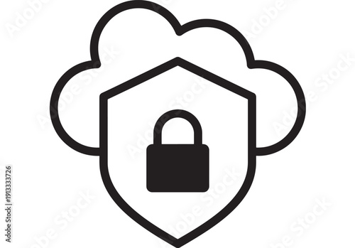 Cloud security icon with shield and padlock symbol, minimal black outline on white background for cybersecurity, data protection, secure storage and privacy concept