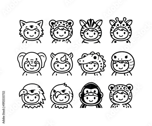 Wild Animal Costume Icons. Wild animal costumes. Line icon set of wild animal costumes: wolf costume, leopard costume, zebra costume, giraffe costume, elephant