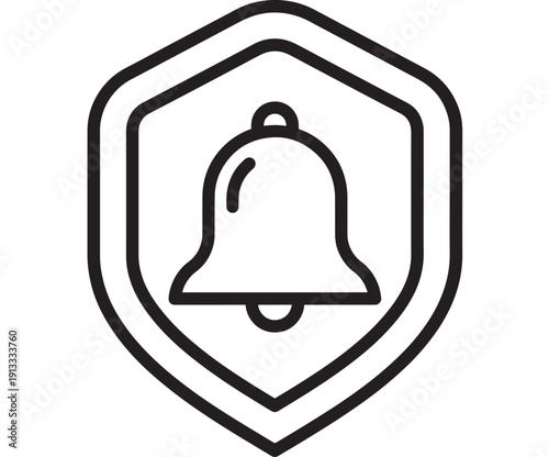 Notification bell icon in shield outline, minimal black line security alert symbol for apps, websites and UI, isolated vector illustration on white background